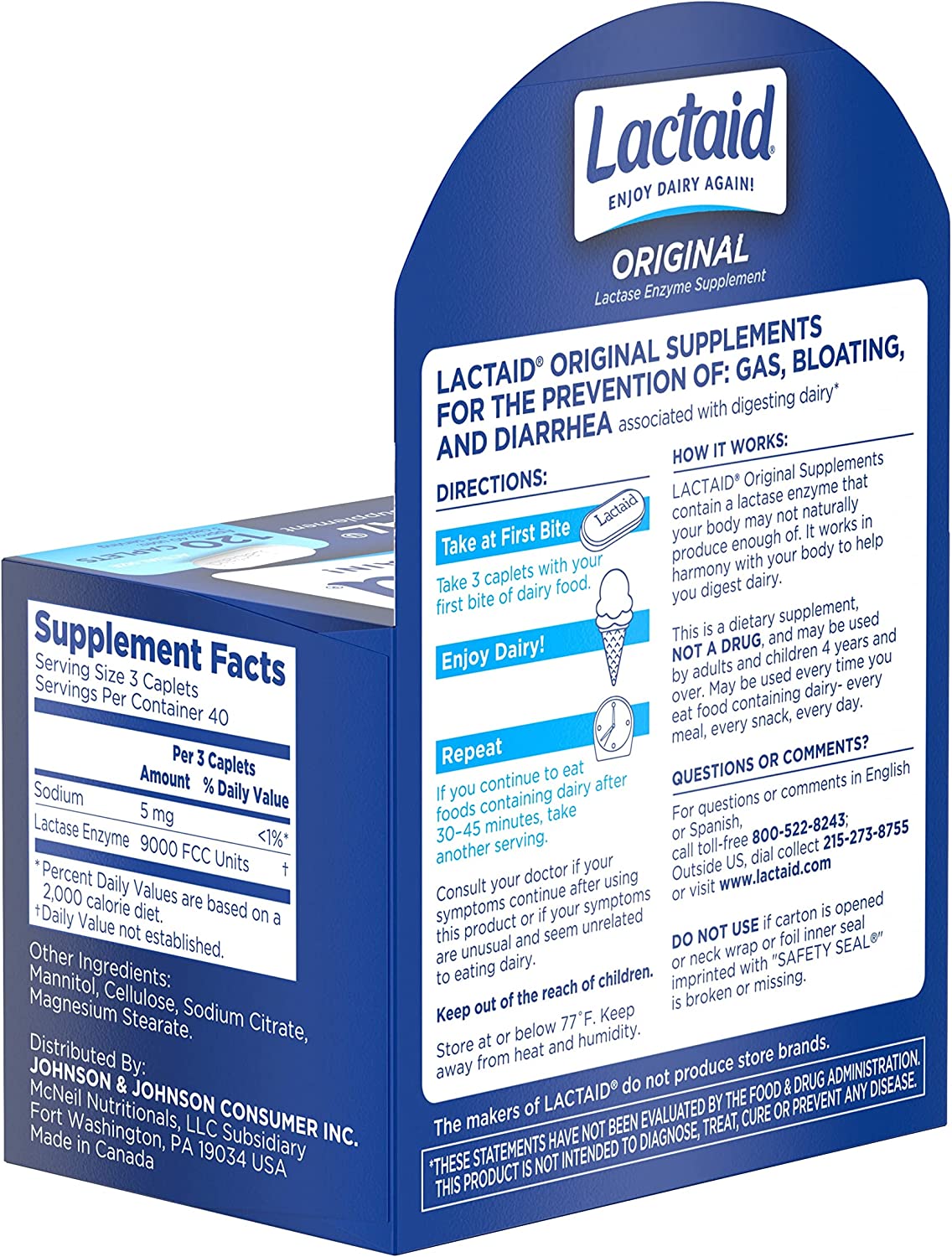 Lactaid Original Strength Lactose Intolerance Relief Caplets with Natural Lactase Enzyme