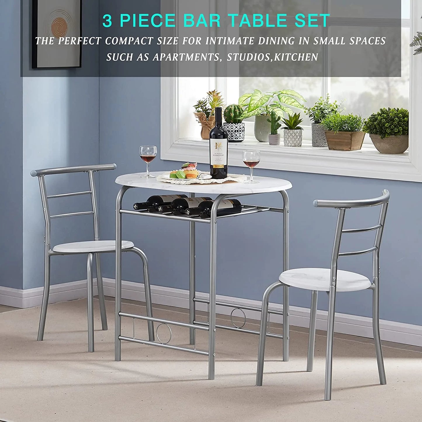 VECELO 3 Piece Small Round Dining Table Set for Kitchen Breakfast Nook